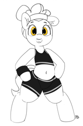 Size: 1280x1935 | Tagged: safe, artist:pabbley, character:sapphire shores, species:pony, 30 minute art challenge, belly button, bipedal, bra on pony, clothing, female, midriff, partial color, solo, sports bra, sports shorts, sweatband