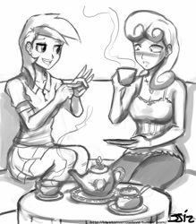 Size: 735x840 | Tagged: safe, artist:johnjoseco, character:junebug, character:roseluck, species:human, blushing, breasts, duo, duo female, female, food, grayscale, hand gesture, humanized, monochrome, sitting, tea, teapot