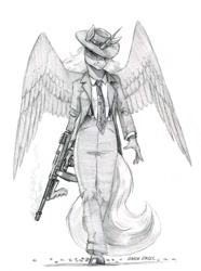 Size: 1100x1478 | Tagged: safe, artist:baron engel, character:princess luna, species:alicorn, species:anthro, species:pony, species:unguligrade anthro, clothing, female, gangster, grayscale, gun, hat, looking at you, mare, monochrome, pencil drawing, serious, serious face, simple background, sketch, suit, tommy gun, traditional art, weapon, white background