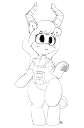 Size: 3272x5000 | Tagged: safe, artist:pabbley, species:earth pony, species:pony, 30 minute art challenge, bipedal, clothing, cute, ear fluff, female, frog (hoof), grayscale, hoofbutt, lineart, mare, monochrome, my hero academia, ponified, pony tsunotori, quirked pony, solo, u.a. gym uniform, underhoof