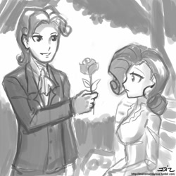 Size: 850x850 | Tagged: safe, artist:johnjoseco, character:rarity, species:human, bench, elusive, female, flower, grayscale, humanized, male, monochrome, ponidox, rarilusive, rose, rule 63, self ponidox, selfcest, shipping, straight