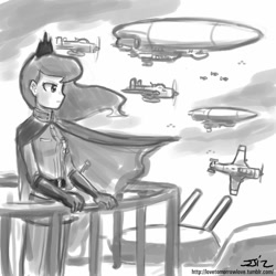 Size: 850x850 | Tagged: safe, artist:johnjoseco, character:princess luna, species:human, aircraft, airship, cannon, cape, clothing, female, gloves, grayscale, humanized, military, military uniform, monochrome, solo, uniform, warrior luna, weapon