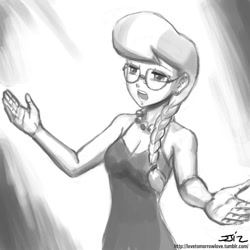 Size: 850x850 | Tagged: safe, artist:johnjoseco, character:silver spoon, species:human, adult, clothing, dress, female, glasses, grayscale, humanized, monochrome, open mouth, solo, spread arms