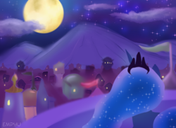 Size: 1000x733 | Tagged: safe, artist:empyu, character:princess luna, species:alicorn, species:pony, 45 minute art challenge, canterlot, female, mare, moon, night, rear view, solo, stars