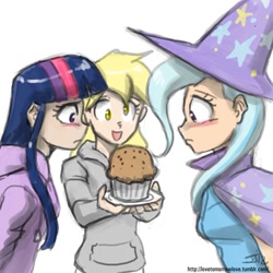 Size: 1059x1059 | Tagged: safe, artist:johnjoseco, character:derpy hooves, character:trixie, character:twilight sparkle, species:human, blushing, clothing, eyes on the prize, female, food, hoodie, humanized, muffin