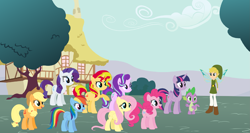 Size: 2437x1297 | Tagged: safe, artist:dipi11, artist:selenaede, artist:user15432, base used, character:applejack, character:fluttershy, character:pinkie pie, character:rainbow dash, character:rarity, character:spike, character:starlight glimmer, character:sunset shimmer, character:twilight sparkle, character:twilight sparkle (alicorn), species:alicorn, species:earth pony, species:human, species:pegasus, species:pony, species:unicorn, my little pony:equestria girls, crossover, equestria girls style, equestria girls-ified, fairy wings, humanized, hylian, mane seven, mane six, nintendo, ponyville, super smash bros., the legend of zelda, the legend of zelda: the wind waker, toon link, winged humanization, wings