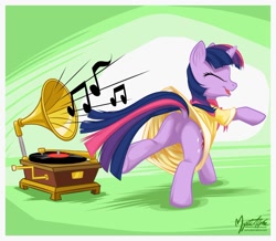 Size: 1032x899 | Tagged: safe, artist:mysticalpha, character:twilight sparkle, character:twilight sparkle (unicorn), species:pony, species:unicorn, episode:sweet and elite, g4, my little pony: friendship is magic, birthday dress, clothing, dancing, do the sparkle, dock, dress, eyes closed, featureless crotch, female, gramophone, mare, music, music notes, plot, raised hoof, raised leg, record, record player, solo