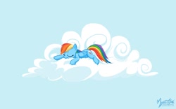 Size: 1680x1050 | Tagged: safe, artist:mysticalpha, character:rainbow dash, species:pegasus, species:pony, g4, cloud, cutie mark, eyes closed, female, hooves, lying on a cloud, mare, on a cloud, prone, sleeping, sleepydash, solo, wallpaper, wings