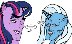 Size: 859x527 | Tagged: safe, artist:dekomaru, edit, character:trixie, character:twilight sparkle, ship:twixie, faec, female, handsome face, handsome squidward, lesbian, majestic as fuck, meme, shipping, spongebob squarepants, the two faces of squidward, wat