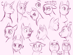 Size: 4000x3000 | Tagged: safe, artist:askbubblelee, species:pony, expressions, female, floppy ears, looking at you, looking back, looking up, mare, monochrome, open mouth, practice, practice drawing, simple background, sketch, smiling, surprised, unamused