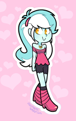 Size: 642x1025 | Tagged: safe, artist:egophiliac, character:lyra heartstrings, my little pony:equestria girls, abstract background, chibi, clothing, colored pupils, female, hairpin, jewelry, pendant, shoes, shorts, shoulderless, smiling, solo