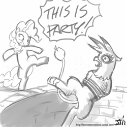 Size: 800x800 | Tagged: safe, artist:johnjoseco, character:gilda, character:pinkie pie, species:earth pony, species:griffon, species:pony, 300, bipedal, bound, crossover, female, grayscale, kicking, mare, monochrome, parody, this is sparta, well