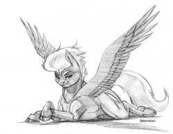 Size: 1400x1085 | Tagged: safe, artist:baron engel, oc, oc only, oc:blood feather, species:pegasus, species:pony, crossed hooves, female, grayscale, looking at you, mare, monochrome, pencil drawing, simple background, solo, traditional art, white background