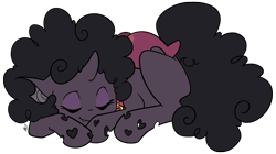 Size: 1165x653 | Tagged: safe, artist:egophiliac, oc, oc only, oc:dazzling flash, species:changeling, changeling oc, collar, curly mane, purple changeling, simple background, sleeping, transparent background