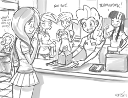 Size: 900x692 | Tagged: safe, artist:johnjoseco, character:applejack, character:fluttershy, character:pinkie pie, character:rainbow dash, character:rarity, character:twilight sparkle, species:human, clothing, female, grayscale, happy meal, humanized, mane six, mcdonald's, monochrome, skirt