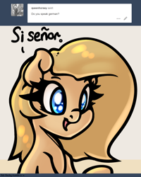 Size: 1280x1600 | Tagged: safe, artist:slavedemorto, oc, oc only, oc:backy, species:earth pony, species:pony, ask, dialogue, female, french, german, mare, no, open mouth, solo, spanish, tumblr