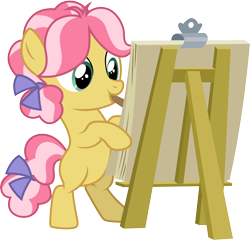 Size: 3124x3001 | Tagged: safe, artist:cloudyglow, character:kettle corn, species:earth pony, species:pony, episode:marks and recreation, g4, my little pony: friendship is magic, bipedal, canvas, easel, female, filly, foal, mouth hold, painting, simple background, solo, transparent background, vector