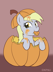 Size: 733x1000 | Tagged: safe, artist:empyu, character:derpy hooves, species:pegasus, species:pony, 30 minute art challenge, eating, female, herbivore, horses doing horse things, pumpkin, smiling, solo