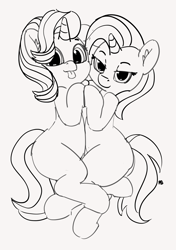 Size: 2541x3600 | Tagged: safe, artist:pabbley, character:starlight glimmer, character:trixie, species:pony, species:unicorn, ship:startrix, bedroom eyes, blep, cuddling, cute, diatrixes, female, glimmerbetes, lesbian, looking at you, missing cutie mark, mlem, monochrome, shipping, silly, smiling, tongue out