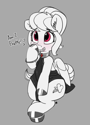 Size: 3687x5087 | Tagged: safe, artist:pabbley, character:rainbow dash, species:pegasus, species:pony, alternate hairstyle, blushing, bracelet, clothing, cute, dashabetes, dialogue, dress, ear fluff, female, gray background, grayscale, heart, hoof polish, jewelry, mare, monochrome, necklace, neo noir, open mouth, partial color, rainbow dash always dresses in style, simple background, solo