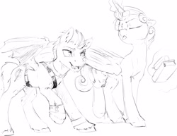 Size: 3300x2550 | Tagged: safe, artist:silfoe, character:princess flurry heart, oc, oc:pterus, parent:princess luna, parent:twilight sparkle, parents:twiluna, species:bat pony, adopted offspring, black and white, cousins, duo, eyes closed, grayscale, monochrome, older, older flurry heart, other royal book, raspberry, simple background, tongue out, white background