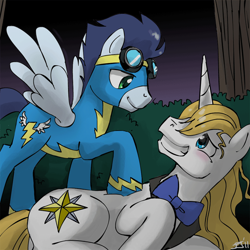 Size: 700x700 | Tagged: safe, artist:johnjoseco, character:prince blueblood, character:soarin', species:pegasus, species:pony, species:unicorn, clothing, crack shipping, eye contact, gay, goggles, grin, looking at each other, looking back, male, night, prone, shipping, smiling, soarinblood, spread wings, uniform, wings, wonderbolts uniform