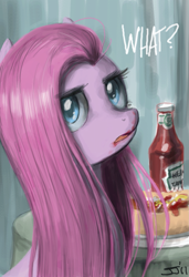 Size: 877x1280 | Tagged: safe, artist:johnjoseco, character:pinkamena diane pie, character:pinkie pie, species:earth pony, species:pony, female, ketchup, mare, solo