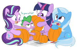 Size: 1000x650 | Tagged: safe, artist:dm29, character:spike, character:starlight glimmer, character:trixie, character:twilight sparkle, species:dragon, species:pony, species:unicorn, annoyed, dialogue, eating, halloween, herbivore, holiday, horses doing horse things, newspaper, open mouth, pumpkin, pumpkin carving, simple background, sitting, tongue out, transparent background, unamused