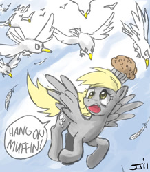 Size: 720x826 | Tagged: safe, artist:johnjoseco, character:derpy hooves, species:bird, species:pegasus, species:pony, species:seagull, female, flying, mare, muffin, solo