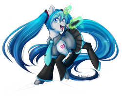 Size: 3793x2972 | Tagged: safe, artist:askbubblelee, oc, oc only, oc:bubble lee, oc:imago, species:pony, species:unicorn, clothing, cosplay, costume, female, freckles, glowing horn, hatsune miku, looking at you, magic, mare, microphone, necktie, pigtails, smiling, solo, twintails, vocaloid
