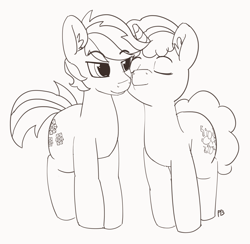 Size: 5099x4982 | Tagged: safe, artist:pabbley, character:double diamond, character:party favor, species:pony, absurd resolution, gay, male, monochrome, nuzzling, partydiamond, shipping