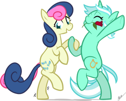 Size: 1100x885 | Tagged: safe, artist:egophiliac, character:bon bon, character:lyra heartstrings, character:sweetie drops, species:earth pony, species:pony, species:unicorn, ship:lyrabon, g4, adobe imageready, adorabon, bipedal, cute, dancing, eyes closed, female, flower, flower in mouth, holding hooves, lesbian, lyrabetes, mare, mouth hold, open mouth, rose, shipping, simple background, transparent background