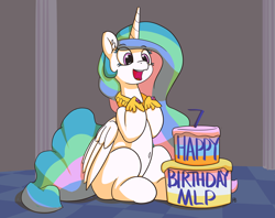 Size: 7209x5712 | Tagged: safe, artist:pabbley, character:princess celestia, species:alicorn, species:pony, absurd resolution, belly button, cake, cakelestia, cheerful, crown, cute, cutelestia, female, food, happy birthday mlp:fim, hoof shoes, jewelry, looking down, mare, mlp fim's seventh anniversary, multicolored hair, open mouth, plump, praise the sun, purple eyes, regalia, royalty, sillestia, silly, sitting, smiling, solo, tiara, wings
