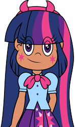Size: 591x1001 | Tagged: safe, artist:cloudyglow, character:twilight sparkle, species:human, my little pony:equestria girls, alternative cutie mark placement, blouse, clothing, crossover, cute, dark skin, facial cutie mark, female, humanized, looking at you, mewman, moderate dark skin, simple background, skirt, smiling, solo, star butterfly, star vs the forces of evil, transparent background
