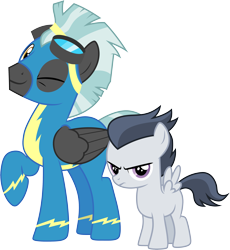 Size: 3001x3260 | Tagged: safe, artist:cloudyglow, character:rumble, character:thunderlane, species:pegasus, species:pony, episode:marks and recreation, g4, my little pony: friendship is magic, .ai available, annoyed, brothers, clothing, colt, cute, duo, duo male, foal, frown, goggles, male, one eye closed, raised hoof, rumblebetes, simple background, smiling, stallion, thunderbetes, transparent background, unamused, uniform, vector, wink, wonderbolts uniform