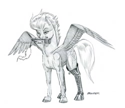 Size: 1400x1211 | Tagged: safe, artist:baron engel, oc, oc only, species:pegasus, species:pony, blowtorch, female, grayscale, looking at you, mare, monochrome, pencil drawing, simple background, sketch, smiling, solo, traditional art, white background