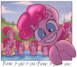 Size: 1000x873 | Tagged: safe, artist:atryl, character:pinkie pie, species:earth pony, species:pony, episode:too many pinkie pies, g4, my little pony: friendship is magic, clone, clones, female, floaty, fourth wall, fun fun fun, grin, looking at you, mare, multeity, pinkie clone, smiling, too much pink energy is dangerous, wide eyes