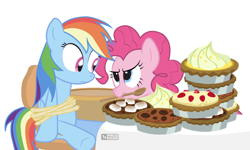 Size: 1000x600 | Tagged: safe, alternate version, artist:dm29, derpibooru original, character:pinkie pie, character:rainbow dash, species:pegasus, species:pony, episode:secrets and pies, g4, my little pony: friendship is magic, chair, duo, eat my pie, female, food, lemon meringue pie, mare, marshmallow, mouth hold, pie, rope, spoon, strawberry pie, tied up, wooden spoon