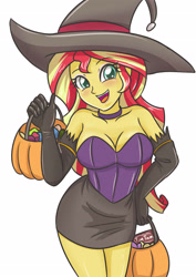 Size: 2480x3507 | Tagged: safe, artist:sumin6301, character:sunset shimmer, my little pony:equestria girls, bare shoulders, basket, blushing, breasts, candy, cleavage, clothing, cute, evening gloves, female, food, gloves, halloween, halloween costume, hand on hip, hat, holiday, long gloves, miniskirt, open mouth, pumpkin, pumpkin bucket, shimmerbetes, simple background, skirt, solo, strapless, tim tam, white background, witch, witch hat