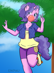 Size: 733x1000 | Tagged: safe, artist:empyu, character:cookie crumbles, species:anthro, species:plantigrade anthro, species:pony, species:unicorn, 30 minute art challenge, breasts, bubblegum, busty cookie crumbles, clothing, female, food, gum, mare, missing horn, peace sign, solo, younger
