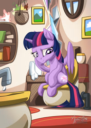 Size: 955x1351 | Tagged: safe, artist:mysticalpha, character:twilight sparkle, character:twilight sparkle (alicorn), species:alicorn, species:pony, bathroom, book, bookshelf, but why, faucet, female, inconvenient, mare, solo, toilet