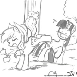 Size: 1280x1280 | Tagged: safe, artist:johnjoseco, character:applejack, character:twilight sparkle, species:earth pony, species:pony, species:unicorn, bucking, duo, duo female, female, grayscale, mare, monochrome, scared, tired