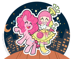 Size: 1000x811 | Tagged: safe, artist:egophiliac, character:pinkie pie, species:earth pony, species:pony, crossover, dancing, duo, female, kamen rider, kamen rider ex-aid, moon, music notes, poppy pipopapo, skyline