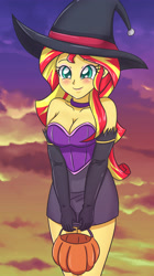 Size: 2287x4093 | Tagged: safe, artist:sumin6301, character:sunset shimmer, my little pony:equestria girls, absurd resolution, adorasexy, blushing, breasts, busty sunset shimmer, cleavage, clothing, cloud, cloudy, costume, cute, evening gloves, eyeshadow, female, food, gloves, halloween, hat, holiday, long gloves, makeup, pumpkin bucket, sexy, shimmerbetes, sky, smiling, solo, strapless, witch hat