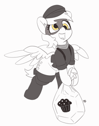Size: 4183x5306 | Tagged: safe, artist:pabbley, character:derpy hooves, species:pegasus, species:pony, absurd resolution, female, mare, mask, muffin thief, partial color, simple background, smiling, solo