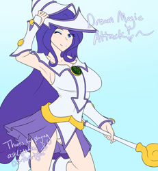 Size: 1280x1387 | Tagged: safe, artist:jonfawkes, character:rarity, species:human, series:nightmare war, armpits, breasts, clothing, cosplay, costume, dark magician girl, dialogue, female, humanized, looking at you, one eye closed, simple background, smiling, solo, yu-gi-oh!
