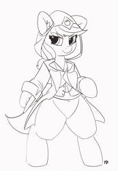 Size: 1280x1853 | Tagged: safe, artist:pabbley, character:applejack, species:pony, 30 minute art challenge, assassin's creed, bipedal, blade, crossover, female, monochrome, simple background, smiling, solo, white background