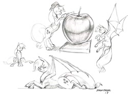 Size: 1500x1162 | Tagged: safe, artist:baron engel, character:applejack, species:bat pony, species:pony, apple, applebat, bat ponified, female, food, grayscale, mare, monochrome, pencil drawing, prone, race swap, simple background, sketch, solo, traditional art, white background