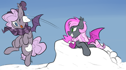 Size: 1117x622 | Tagged: safe, artist:egophiliac, artist:xwoofyhoundx, edit, oc, oc only, oc:heartbeat, oc:sirocca, species:bat, species:bat pony, species:pony, clothing, color edit, colored, duo, hat, scarf, snow, snowball, snowball fight