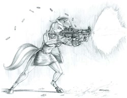 Size: 1400x1078 | Tagged: safe, artist:baron engel, character:lyra heartstrings, species:anthro, species:pony, species:unguligrade anthro, species:unicorn, clothing, drum magazine, eotech, female, grayscale, gun, h&k g3, heckler and koch, mare, monochrome, pencil drawing, simple background, sketch, story included, traditional art, weapon, white background
